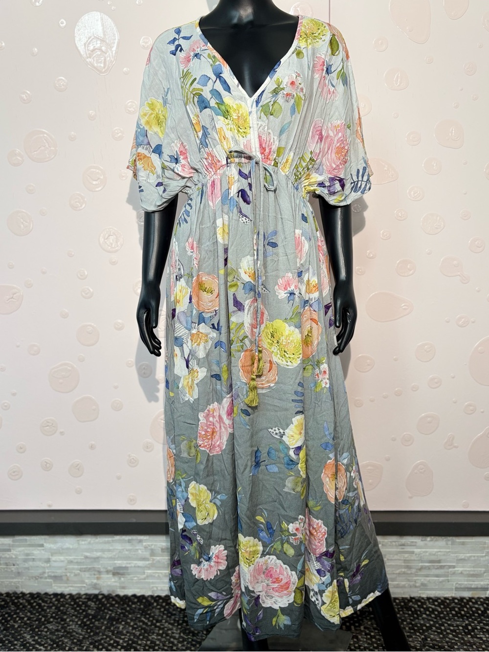 World Market Gray Blue Watercolor Floral Dolman Sleeve Maxi Dress Size L/XL
